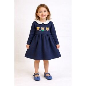 In Design Vintage 3 Bears Navy Blue Dress (sz. 4) Long sleeve Peter Pan collar